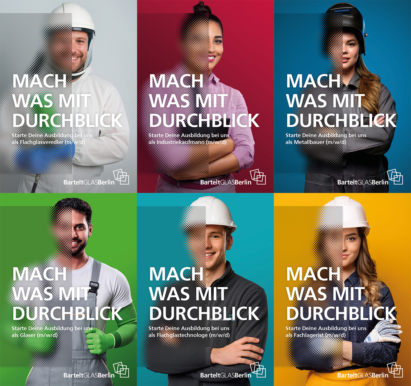 BarteltGLASBerlin_alle_ausbildungen_mach_was_mit_durchblick sechs-personen-die-durch-eine-scheibe-schauen-und-in-den-ausbildungsbereichen-von-bartelt-angezogen-sind