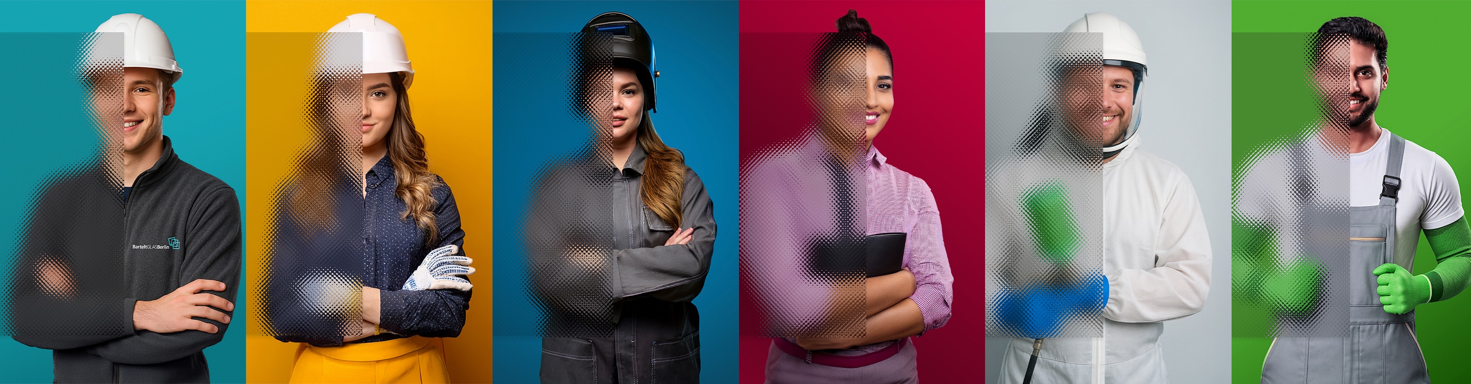 BarteltGLASBerlin_header_ausbildung_mach_was_mit_durchblick sechs-personen-die-durch-eine-scheibe-schauen-und-in-den-ausbildungsbereichen-von-bartelt-angezogen-sind
